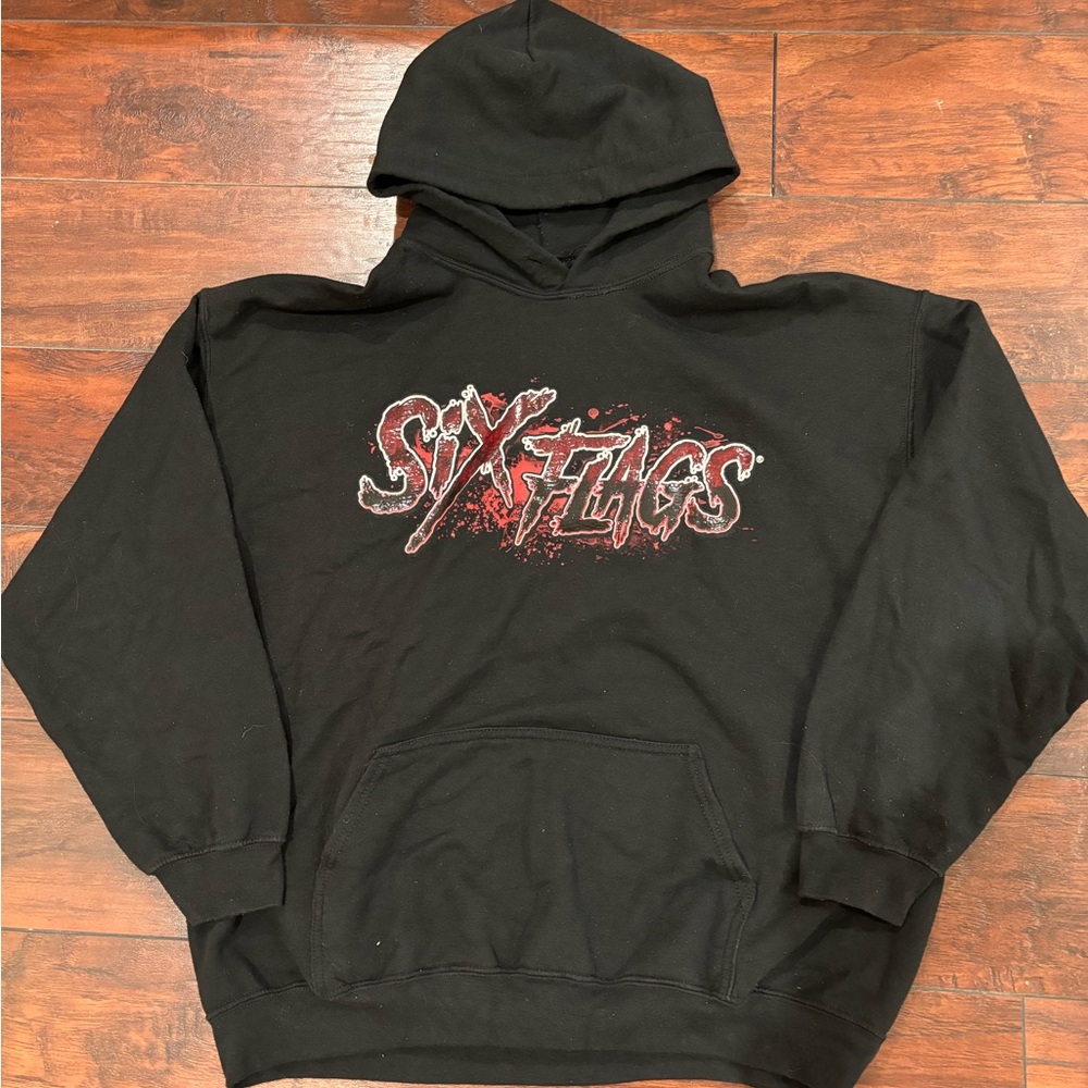 Six Flags Halloween Hoodie Sweater Drawstring Clown Evil Blood - Size XL